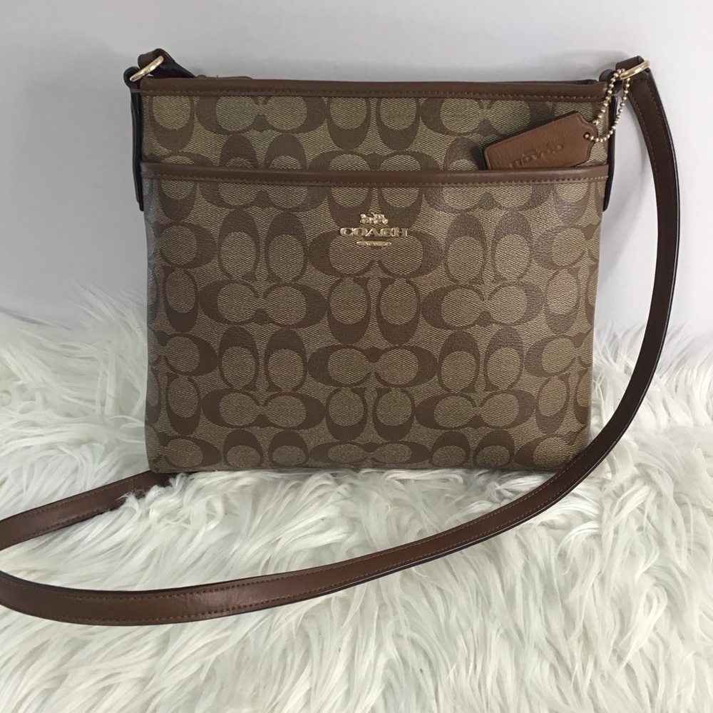 Coach Signature File Crossbody Leather Bag Brown Beige Purse